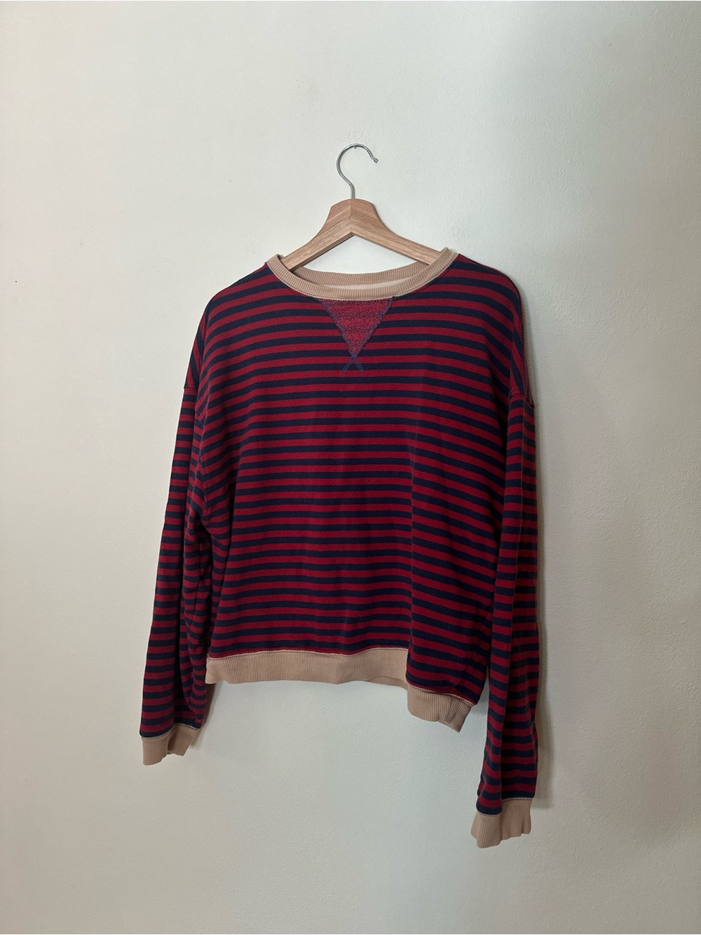 We The Free Red & Navy Striped Crewneck Sweater with Tan Trim